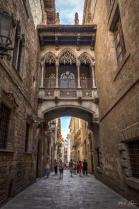 Pont del Bisbe (Бискупският мост) в готическия квартал на Барселона. Въпреки че изглежда като средновековна конструкция, мостът всъщност е построен през 1928 г.